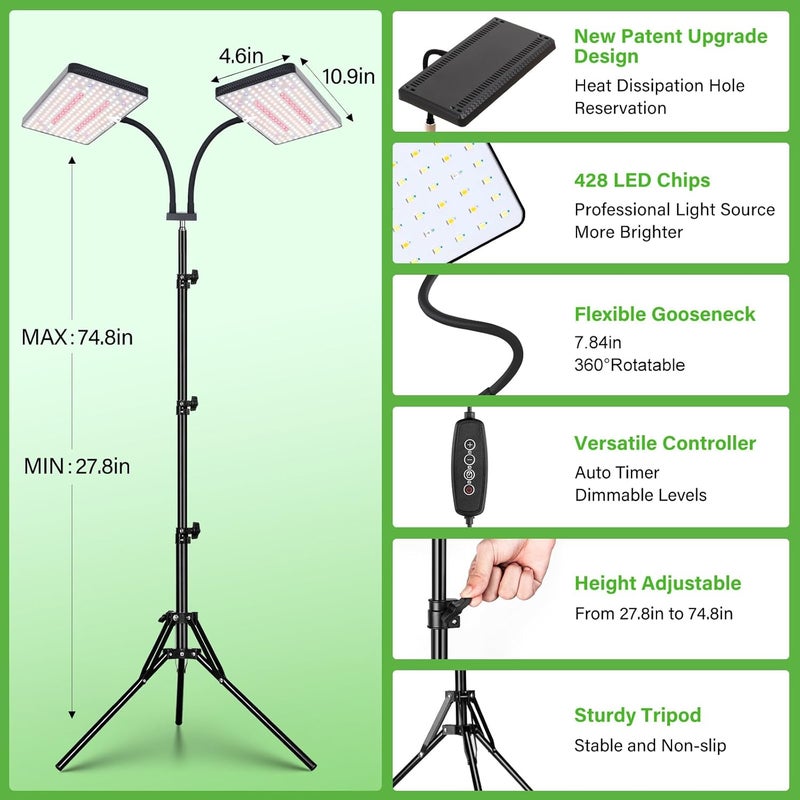 LBW Latest Grow Light for Indoor Plants, 428 LED Dual-Head Full Spectrum Standing Plant Light, Floor Grow Lamp with 3/6/12H Timer, 6 Brightness Levels, 3 Switch Modes, 75" Adjustable Tripod Stand - Image 5